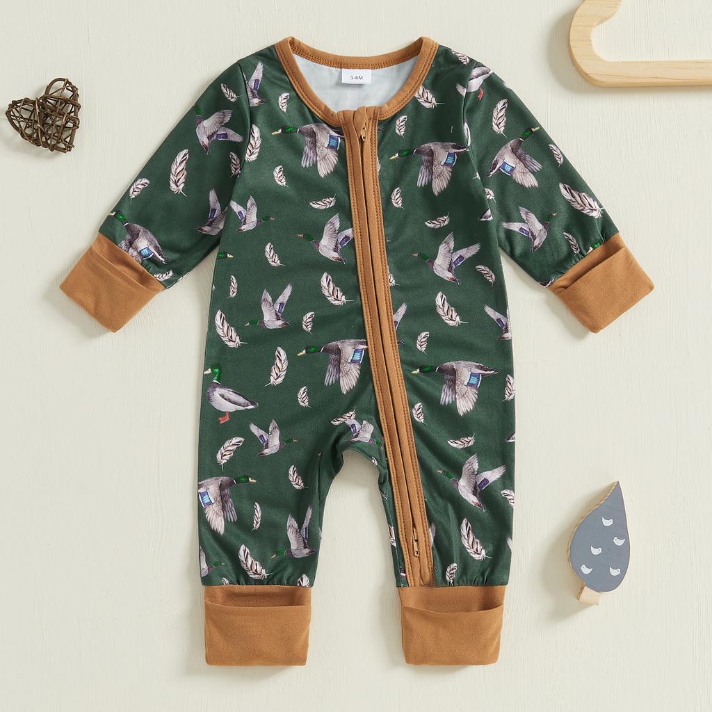 Baby Boy Zipper Romper Casual Duck Print Long Sleeve Jumpsuit for Infant Toddler Fall Outfit