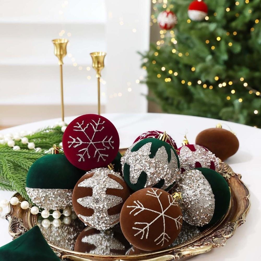 12Pcs Glitter Christmas Baubles Ornament Plastic Flocked Ball Gift Box New Year