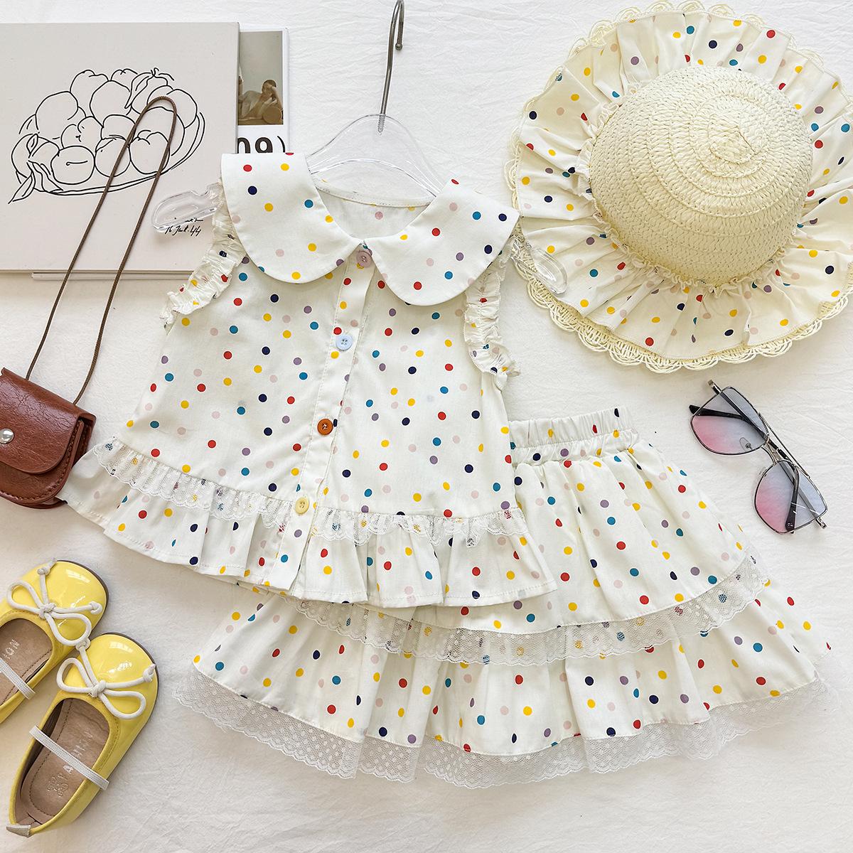 Summer Girls Polka Dot Peter Pan Collar Vest And Ruffle Skirt Casual Two Piece Set 90cm