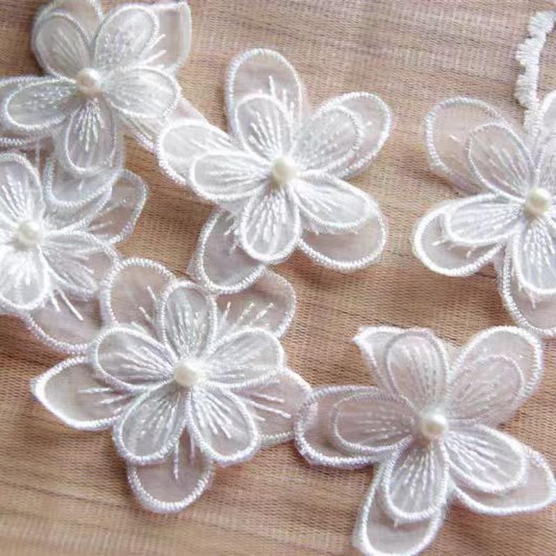 10Pcs White Double-Layer Organza Tulle Embroidery Lace Patch DIY Clothing Bead Decoration Decal Accessories 6*6cm