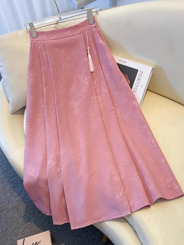 Summer Clearance: Women's Chinese Style High-Waisted Jacquard Midi Skirt - Slimming A-Line Pleated Design