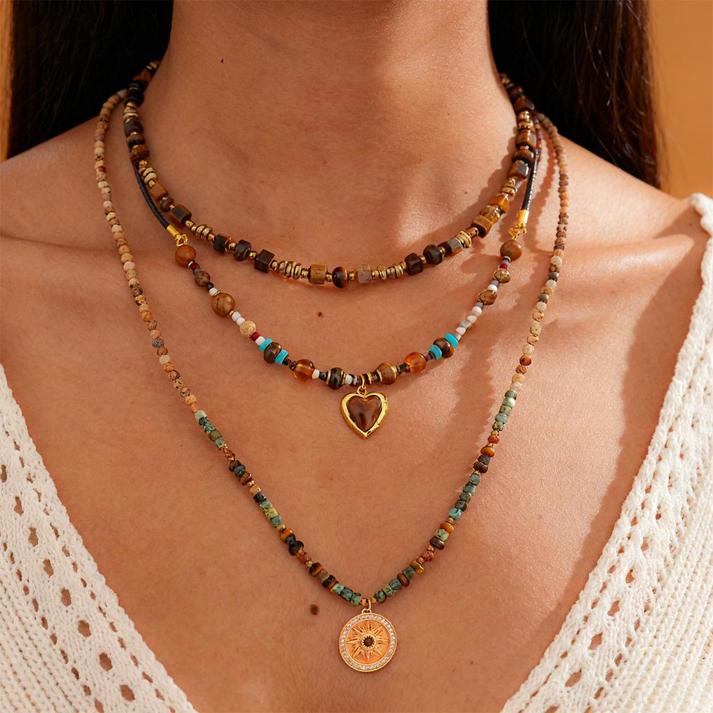 Tiger's Eye Beaded Love Mangstar Geometric Pendant Sweater Chain Maillard Wind Necklace