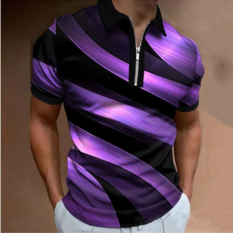 Casual Lapel T-shirt Young Men's Fashion Zipper T-shirt Short Sleeve T-shirt Men's 3D Diagonal Printing Print T Shirt