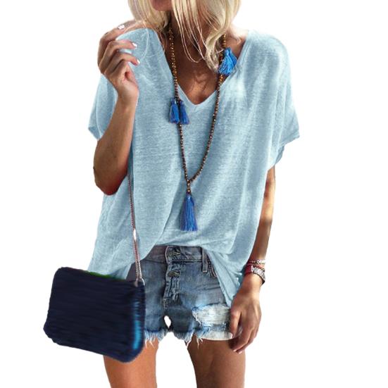 

Женская футболка с V-образным вырезом и коротким рукавом, однотонная футболка свободного кроя, летний повседневный пуловер, топы, повседневная одежда 2XL светло-синий