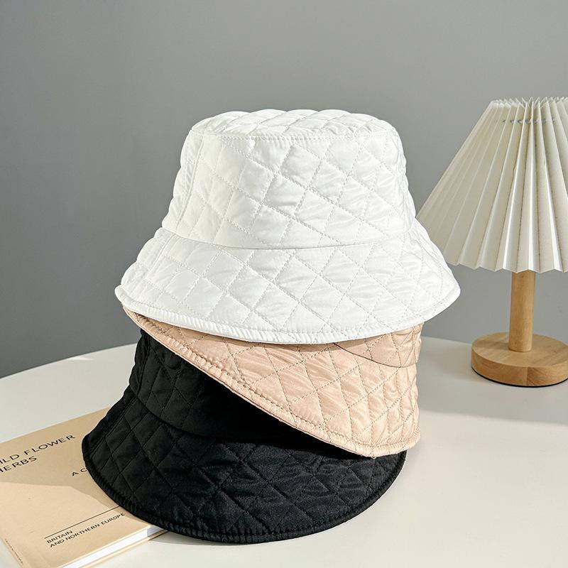 Warm Down Bucket Hat for Women Autumn Winter Windproof Fisherman Cap Solid Color Rhombus Female Panama Sun Hats