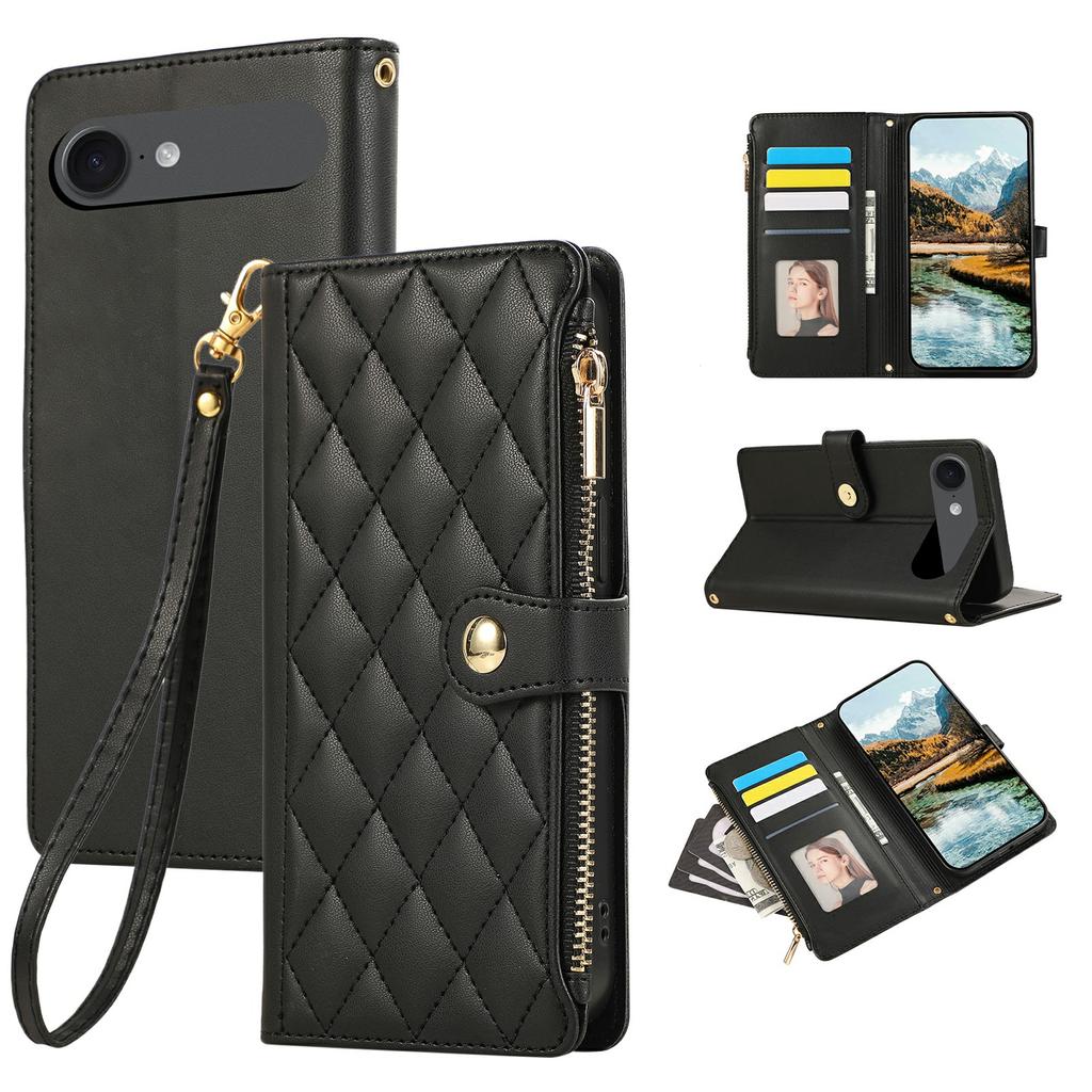 For iPhone 17 Air Case Multi Card Slots Zipper Rhombus Leather Phone Cover with Wrist Strap