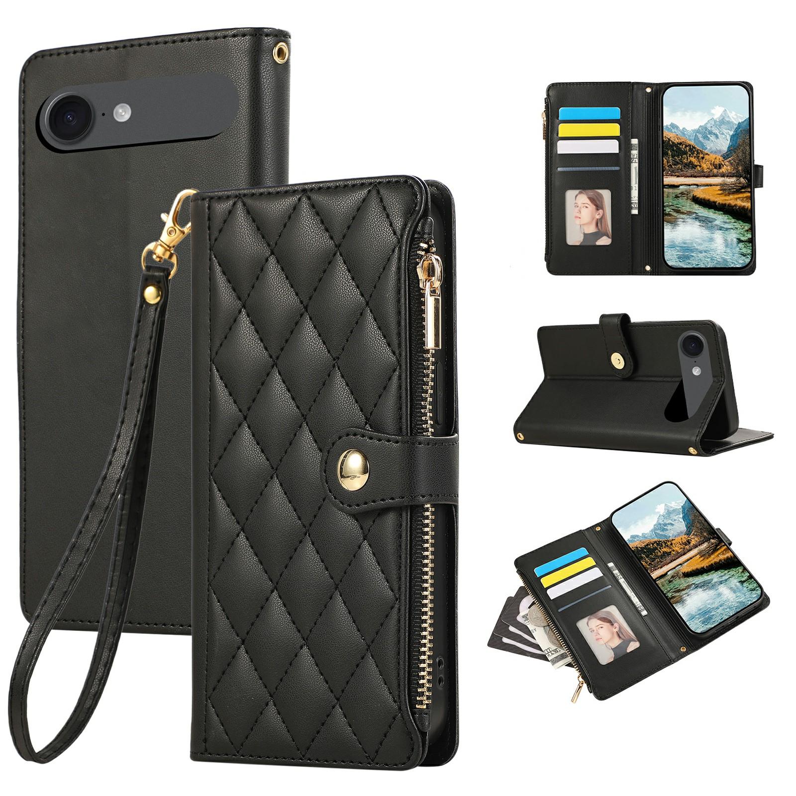 

For iPhone 17 Air Case Multi Card Slots Zipper Rhombus Leather Phone Cover with Wrist Strap Black