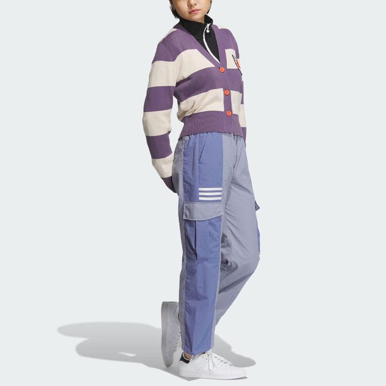 Adidas Originals Trefoil Striped Colorblock Single-Breasted Long-Sleeve Knit Cardigan Women Tops Dark-Grey Violet IN1068