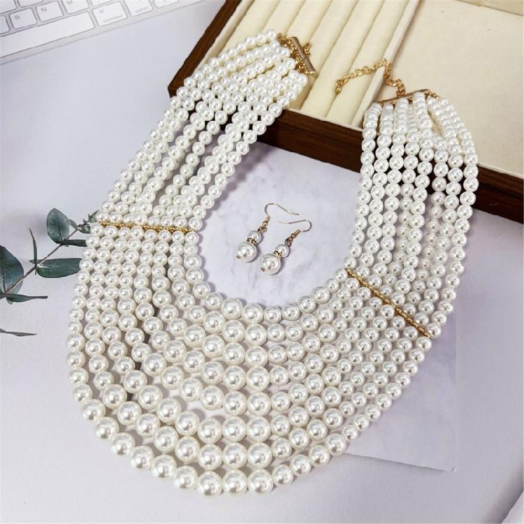 Versatile Multi Strand Simulated Pearls Necklace Earrings Set Vintage Inspired Design Clavicle Chain For Fashionistas