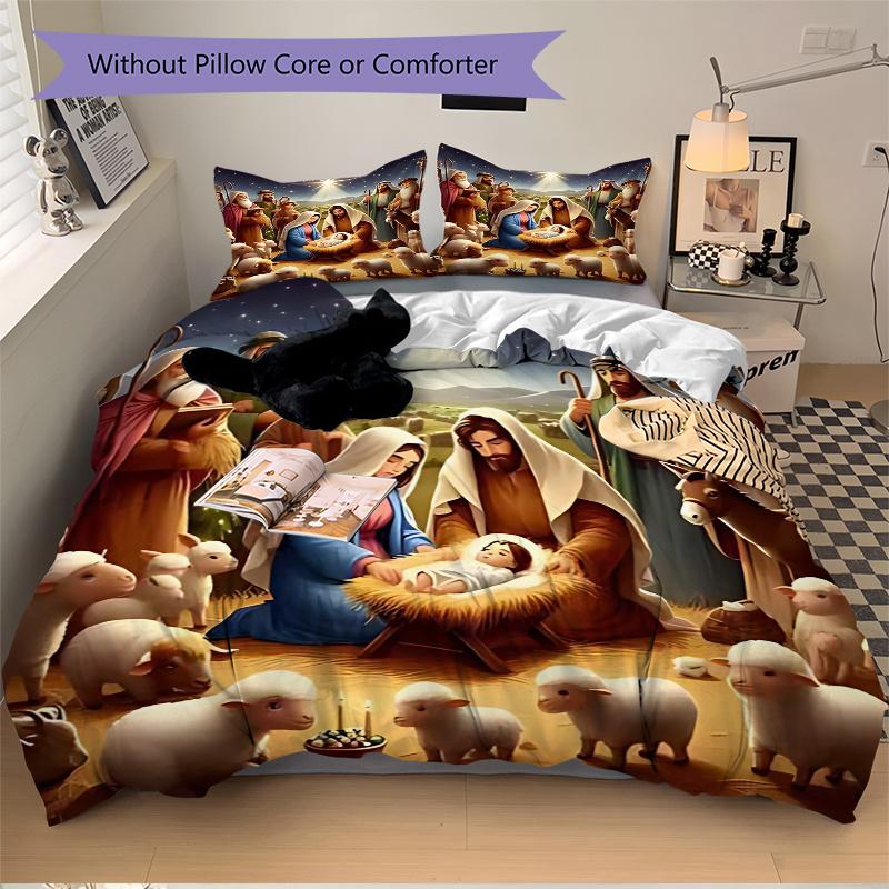 3pcs Christmas Nativity Scene Bedding Set - Includes One Quilt Cover and Two Pillowcases (No Core) - Festive Decoration for Bedroom and Guest Room, An