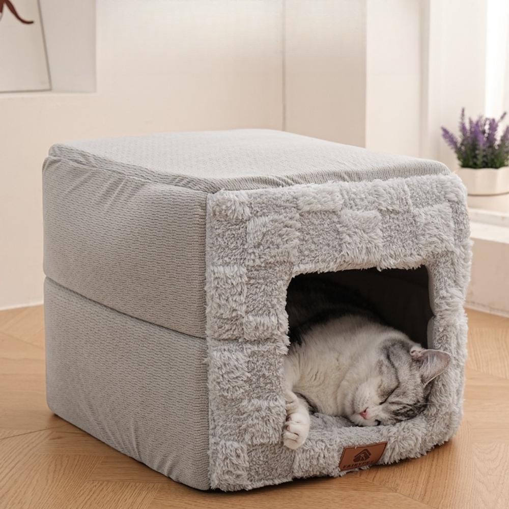 Foldable Enclosed Cat Bed Warm Plush Pet House Portable Warm Square Detachable CatNest Home Indoor Pet Rest Cat Accessories Gift