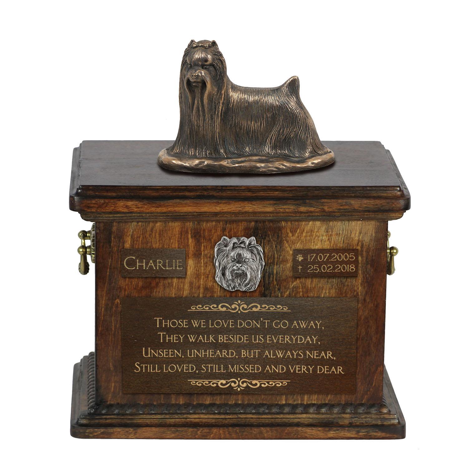 

Yorkshire Terrier, Yorkie - urn for dog ashes, urn with a statuette, personalized urn for dog ashes by Art-Dog brand коричневий