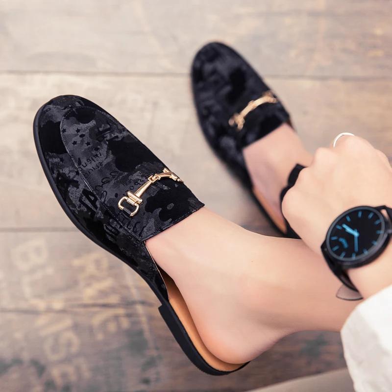 Men Shoes Black Men Half Slippers High Quality Men Leather Casual Shoes Loafers Flip Flops Lightweight Flats Sandals Masculino