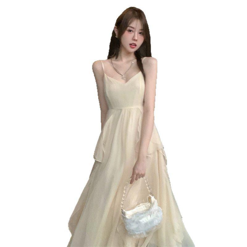 French super fairy vacation wind beach dress women's summer new sexy backless suspender ruffle dress