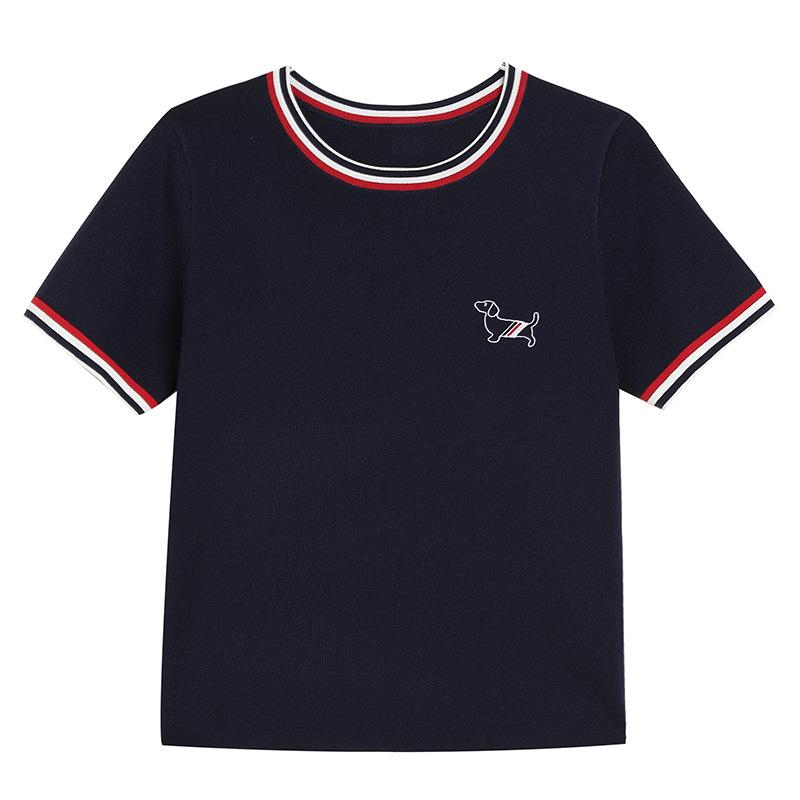 

Летний трикотажный свитер из ледяного шелка в студенческом стиле: Свободная приталенная футболка с коротким рукавом и вышивкой щенка темно-синий