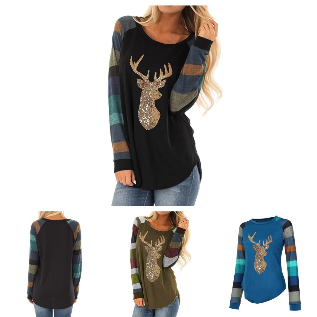 Festive Womens Christmas Tops With Sparkling Sequin Reindeer Long Sleeve Design