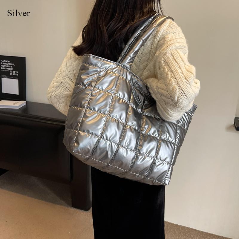 

Зимняя сумка через плечо для девочек, большая вместительная сумка с глянцевой поверхностью, однотонная сумка, простой стиль для покупок, путешествий, работы, хранения вещей ONE SIZE серебряный