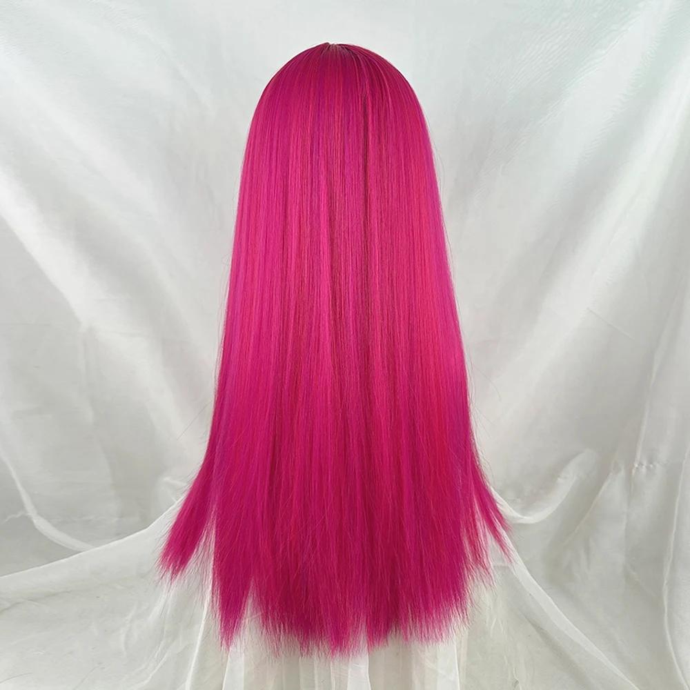 Synthetic Wigs with Bangs Fluffy Women Rose Red Long Straight Lolita Cosplay Wig Heat Resistant for Daily Party