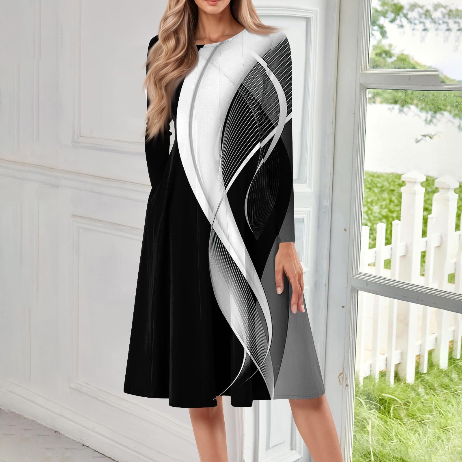 

Женское повседневное модное платье миди с круглым вырезом и длинными рукавами L чёрный