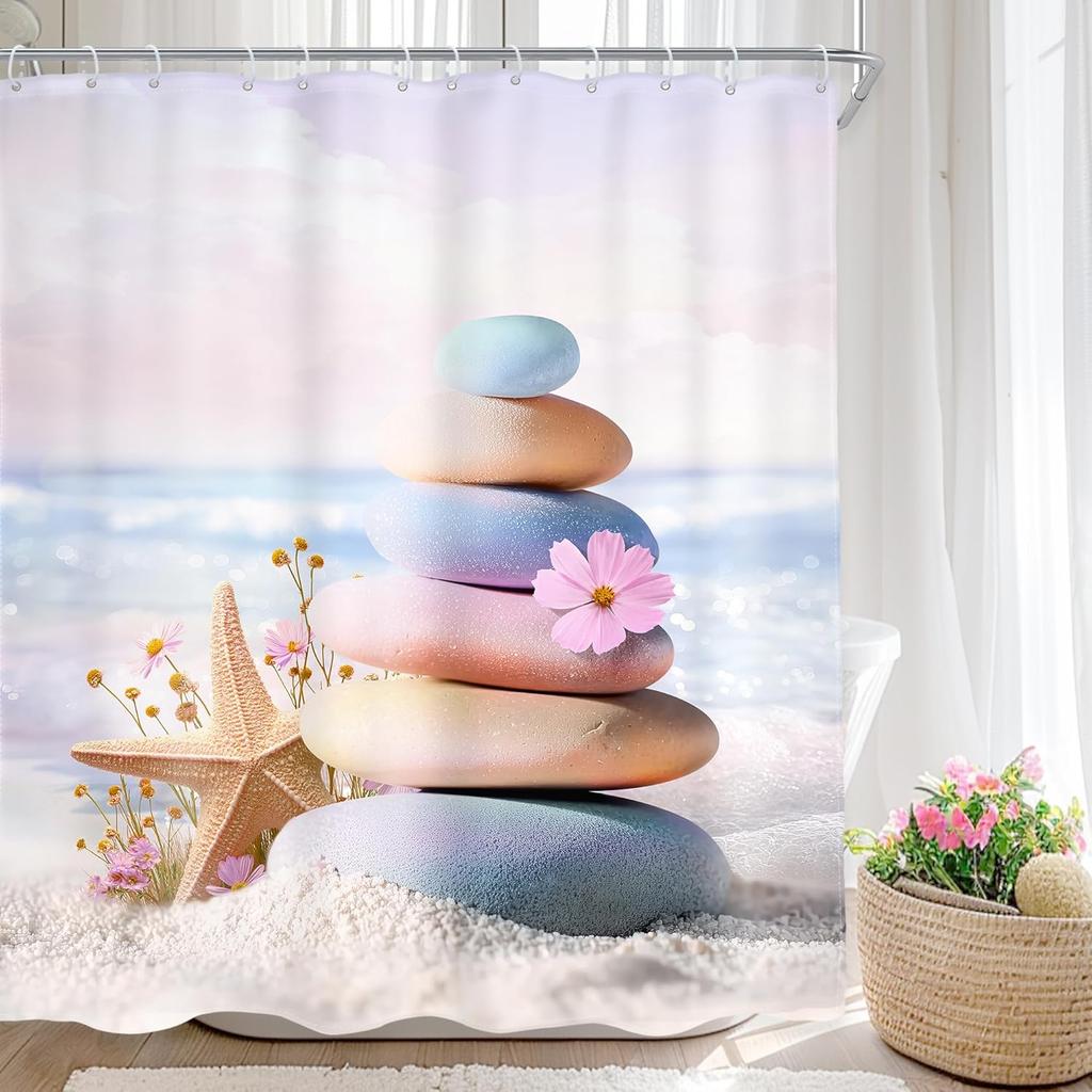 Beach Zen shower curtain pink and blue stone stacked with daisies and starfish, including 12 hooks for bathroom decoration