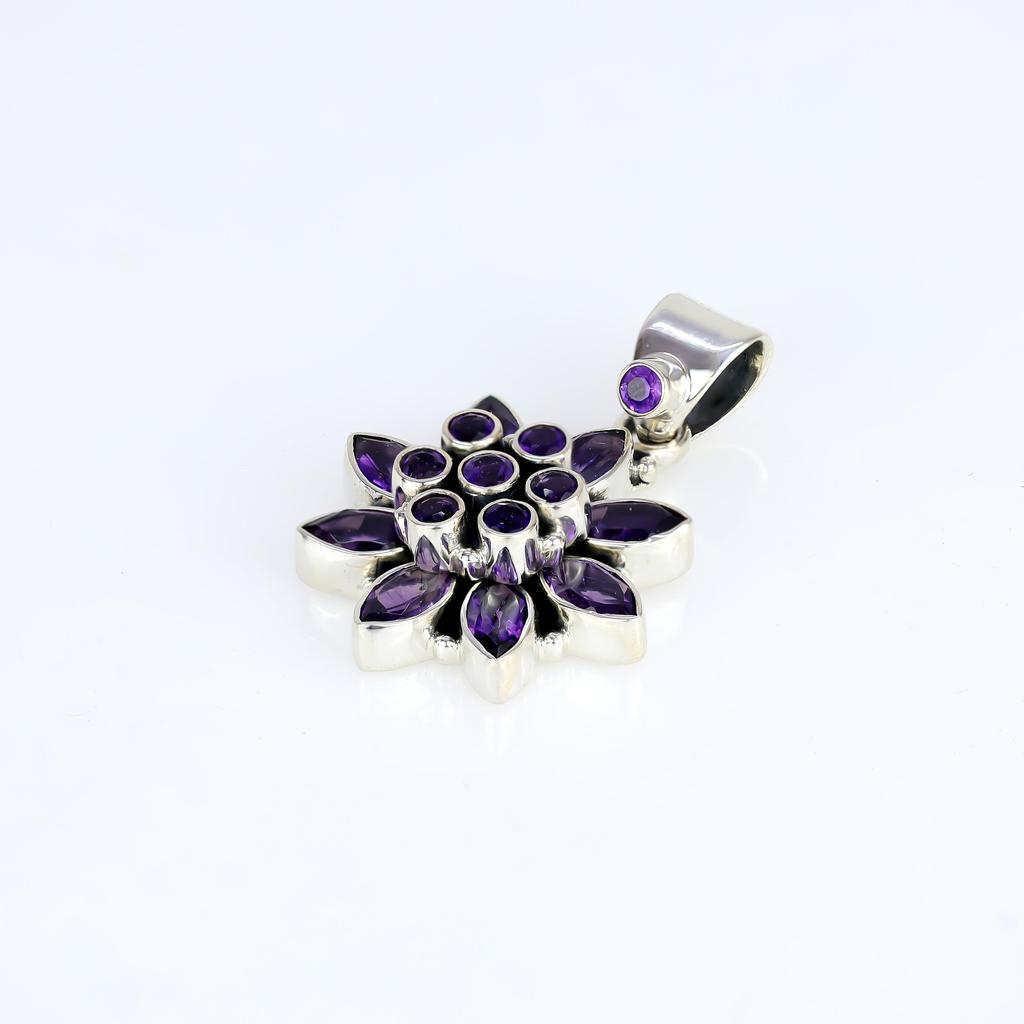 Natural Amethyst Flower Pendant for Women 925 Sterling Silver Pendant