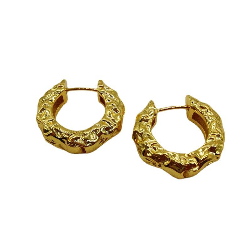 Minimalist Hammered Gold-Plated Textured Hoop Earrings for Women - European & American Retro Style