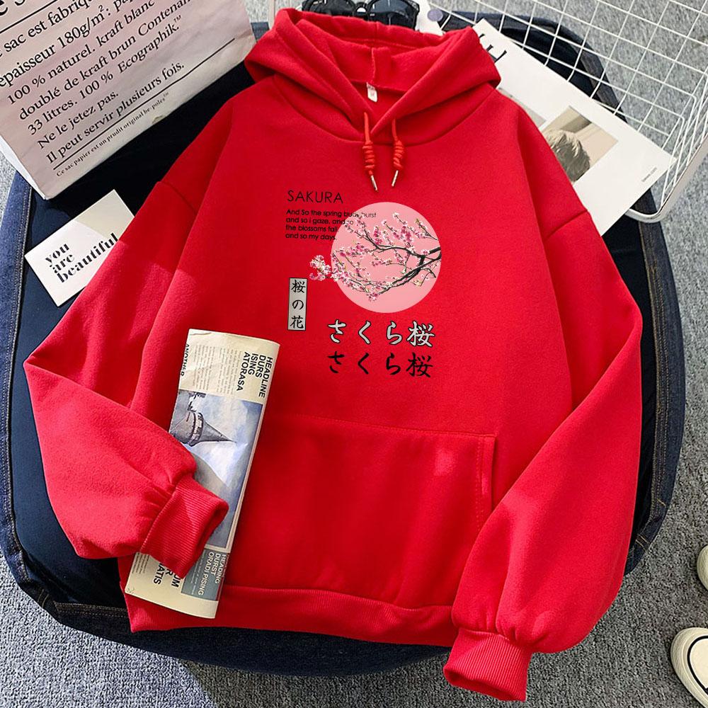 Japanese Blossom Sakura Graphic Hoodies Female Long Sleeve Hooded Pullovers Winter Cartoon Printing Sweatshirts