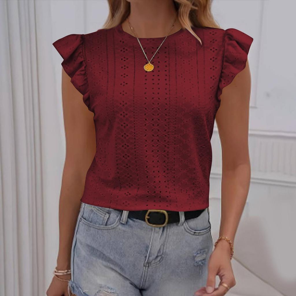 Women Summer  Top Eyelet Vacation Short Sleeve O Neck Loose Fit Shirt Spring Fashion Casual Clothes