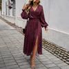 Autumn and Winter European and American Women's Clothing Temperament Elegant V-neck High Waist Printed Dress