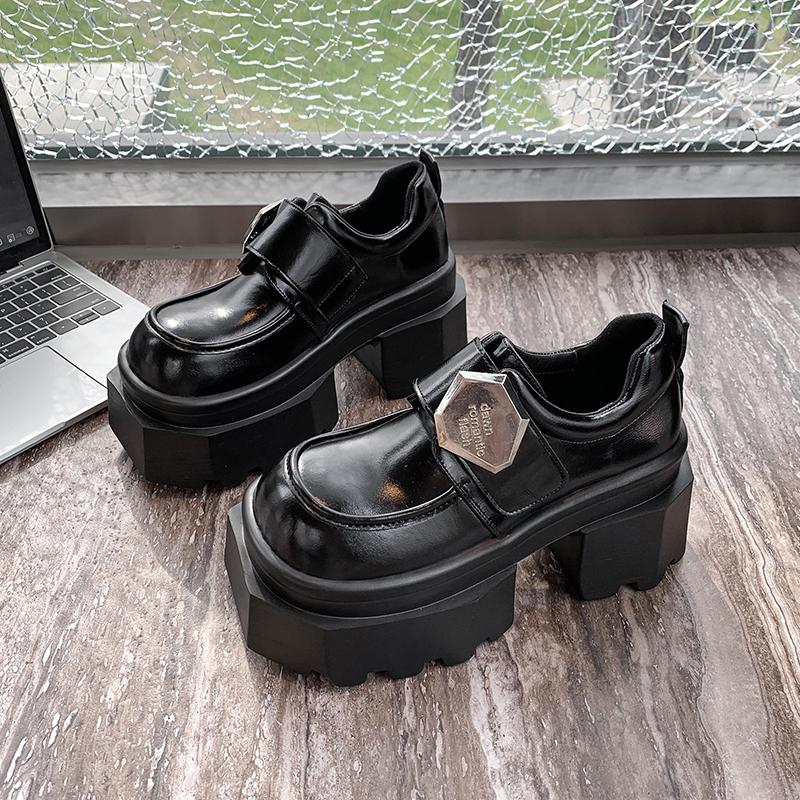 Fashion 2025 Women's High Platform Leather Shoes New Spring 9CM Heels Chunky Sneakers Female Lace-up Metal Loafers Walking Shoes Woman