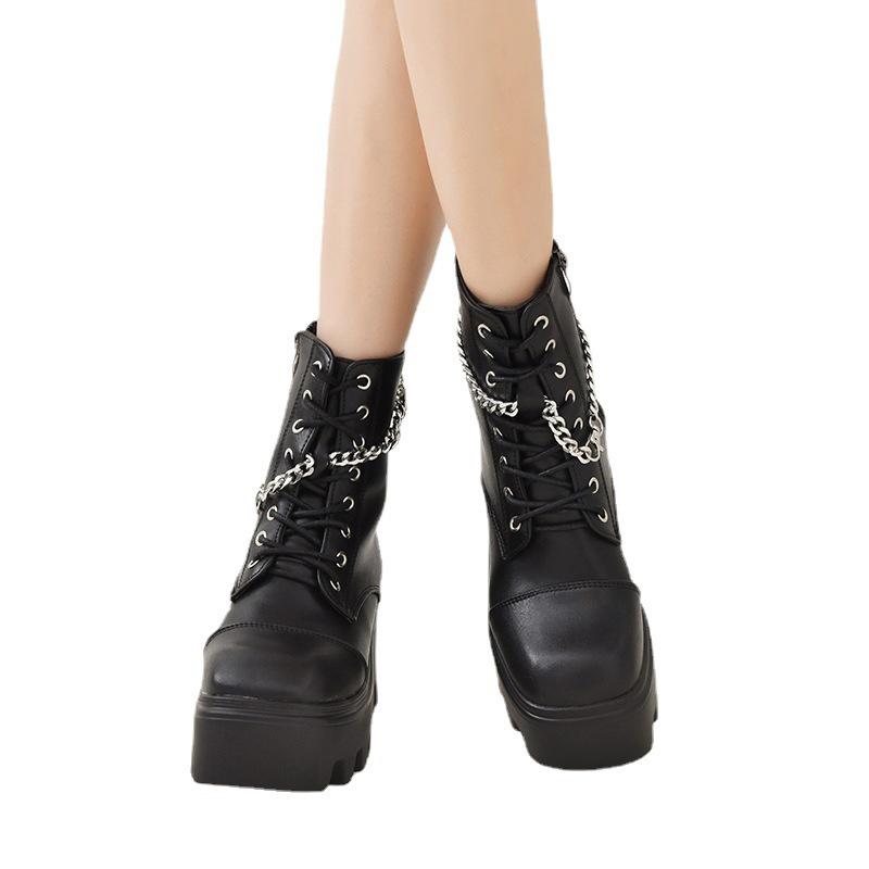 Women's Plus Size Patent Leather Gothic Chain Chunky Heel Platform Ankle Boots