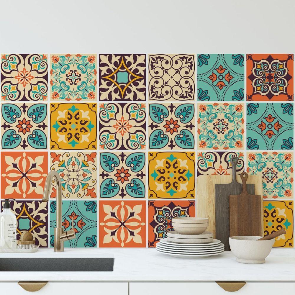 12Pcs Mandala Pattern Backsplash Tile Stickers Multicolor Design Waterproof Peel and Stick Tile Classic Style Self-Adhesive