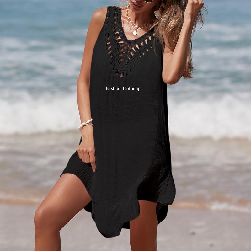 Colorful Ruffle V-Neck Crocheted Patchwork Bikini Cover-Up Skirt