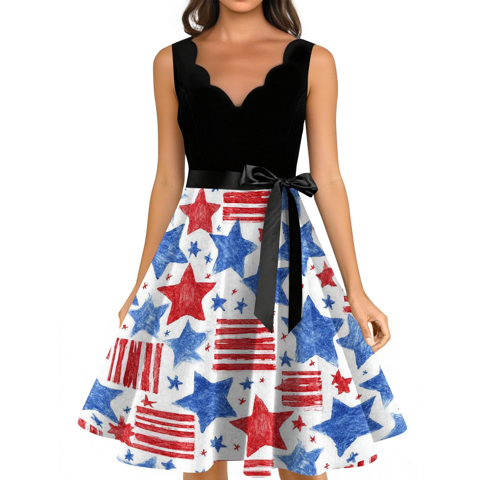 Women s Casual Fashion Independence Day Printed V-neck Retro Sleeveless Dress L