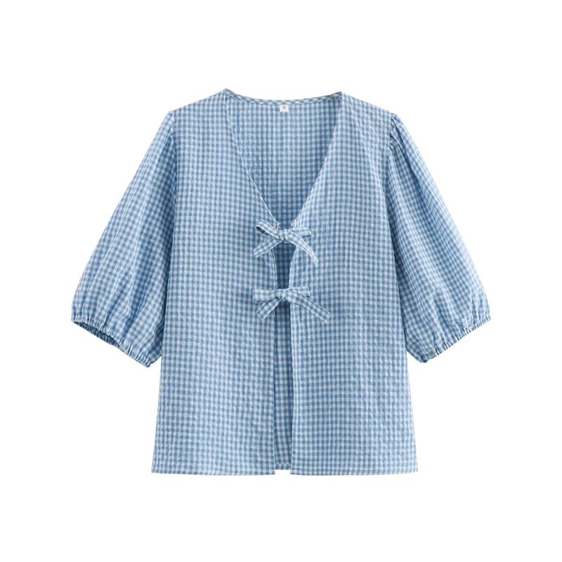 Spring New French Sweet Fashion V-neck Puff Sleeve Plaid Knotted Tops High Waist Casual Shorts