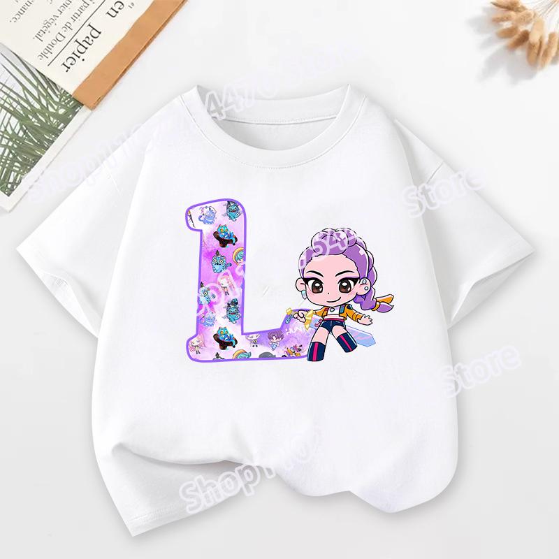 KPop Demon Hunters Child Short Sleeve T-shirt Cartoon Rumi Mira Zoey A-Z Print Cotton Tops Kawaii Summer Casual Tees Kids Gifts