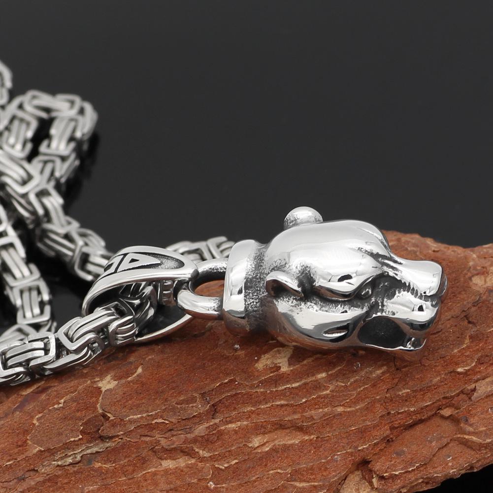 Stainless Steel Viking Wolf Head Pendant Necklace - Norse Mythology Amulet for Men and Women