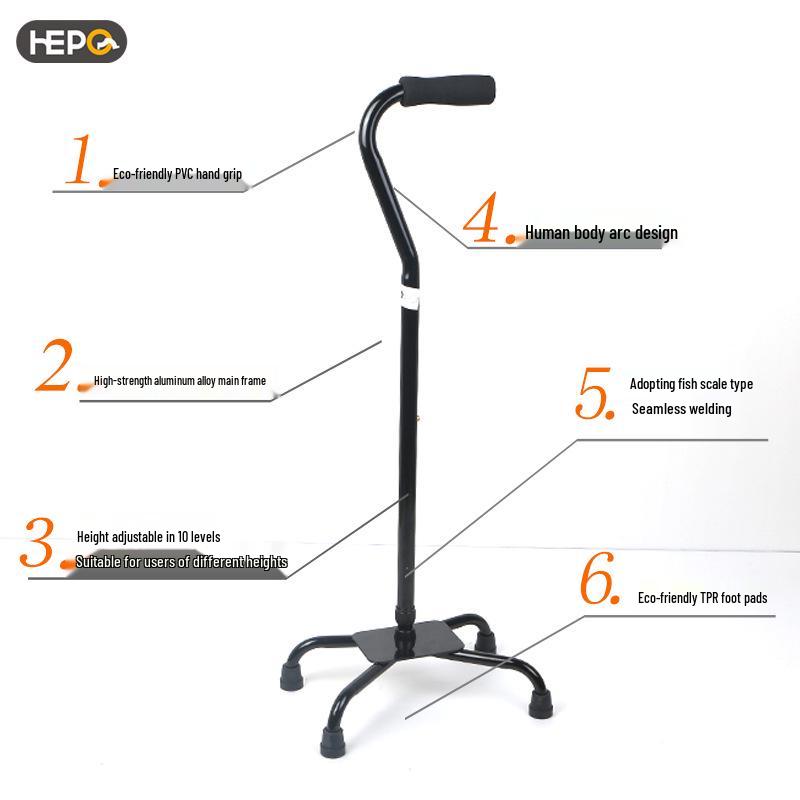 HEPO Aluminum Alloy Quad Cane: Adjustable Height, Four-Legged Support for Seniors