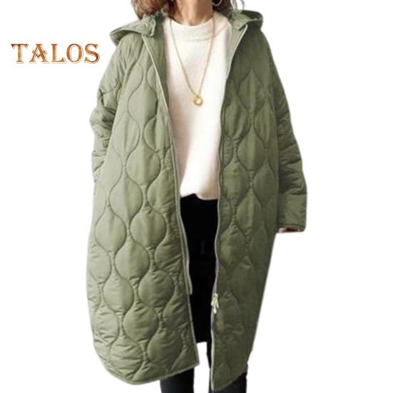 Fall Winter Women Jacket Hooded Zip-up Rhombus Texture Thin Padded Long Sleeves Mid Length Loose Work School Daily Coat