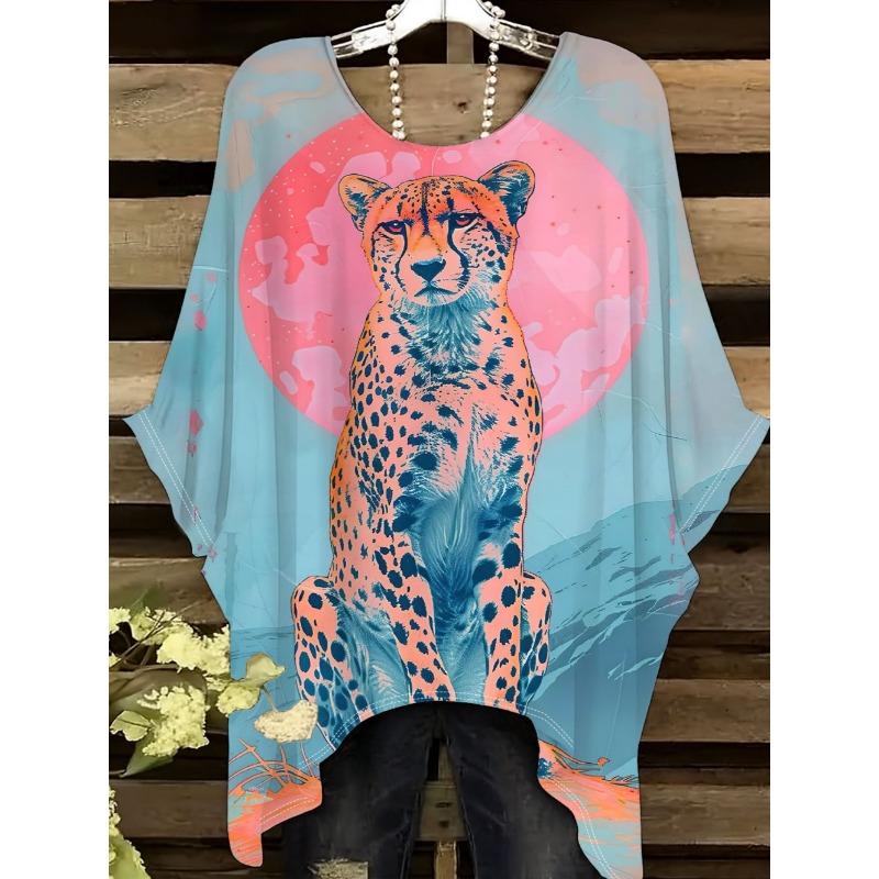 Camiseta de Mujer Moda Leopardo Impresión 3D Tops Verano Sexy Cuello Redondo Manga Corta Camiseta Calle Casual Holgada Ropa de Mujer