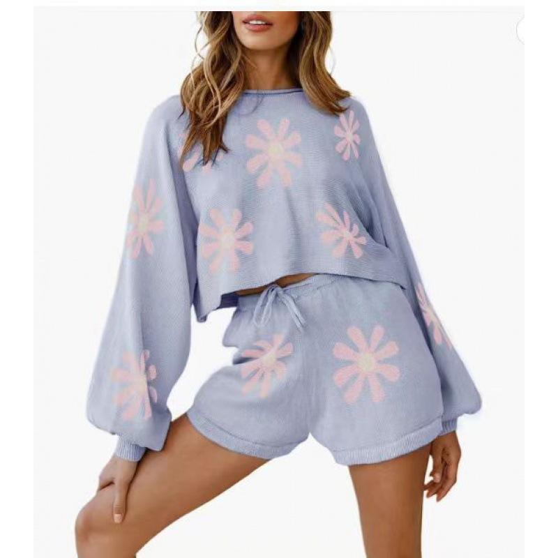 2026 Women Knit Pajama Set, Long Sleeve Top & Shorts, Casual Loungewear Home Sportswear