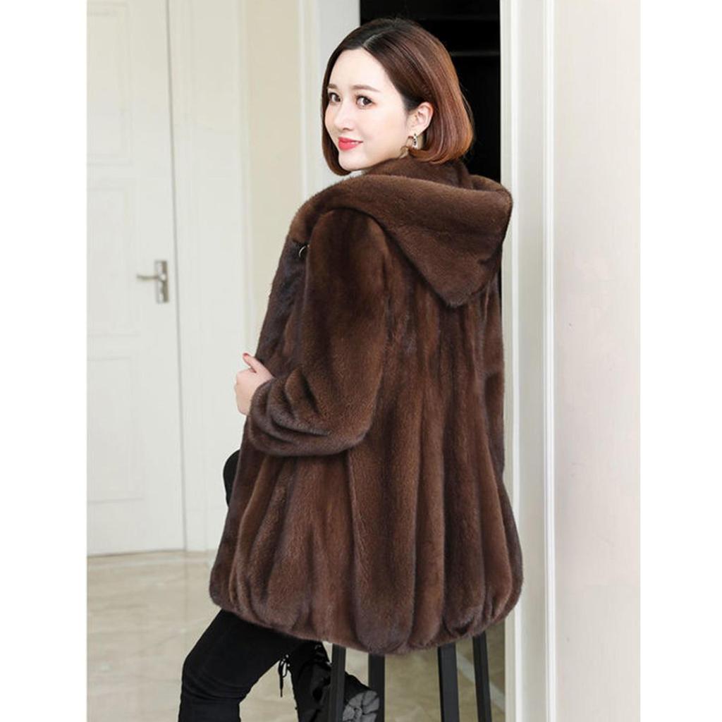 Hooded mid-length imitation mink fleece coat