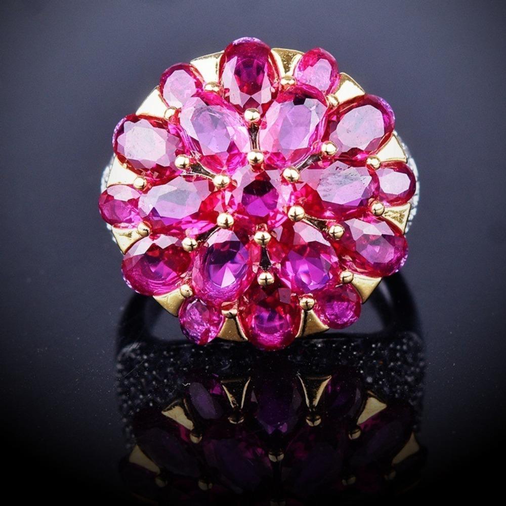 Plated Dragon Fruit Ring with High Carbon Diamond and Red Corundum Vintage Luxury Women Ring