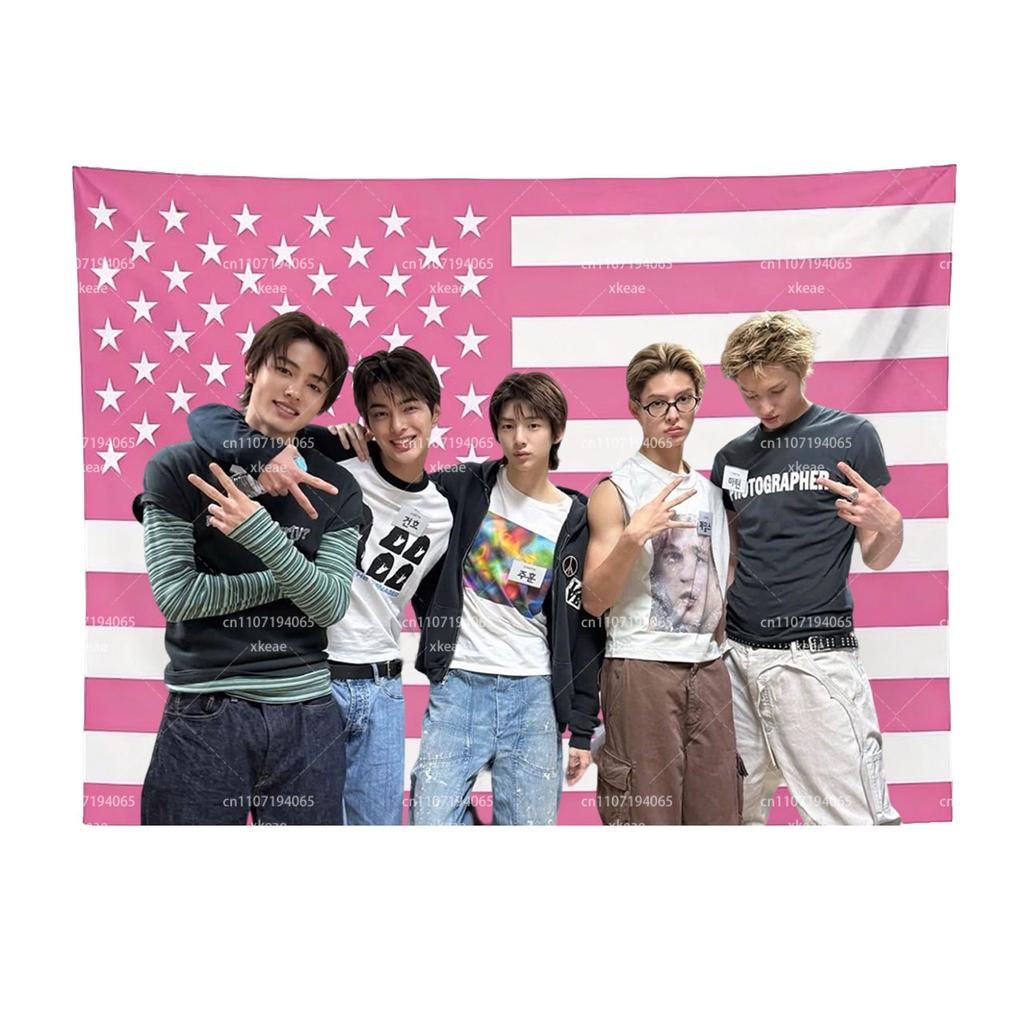 Kpop Boy Group Pink American Flag TapestryIdol Group Photo Wall HangingUSA Flag Kpop Merch Wall Art