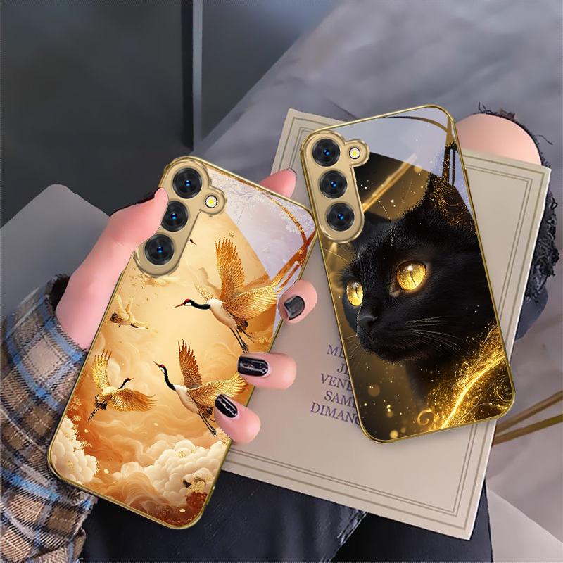 Mysterious Black Cat For Samsung Galaxy S26 S20 FE S21 S22 S23 Plus S24 Ultra S25Ultra S21+  S22Plus Golden Glass Phone Case
