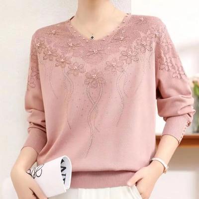 Women's Plus Size Knit Sweater Loose Beaded  V Neck Thin Pullover Knit Top
