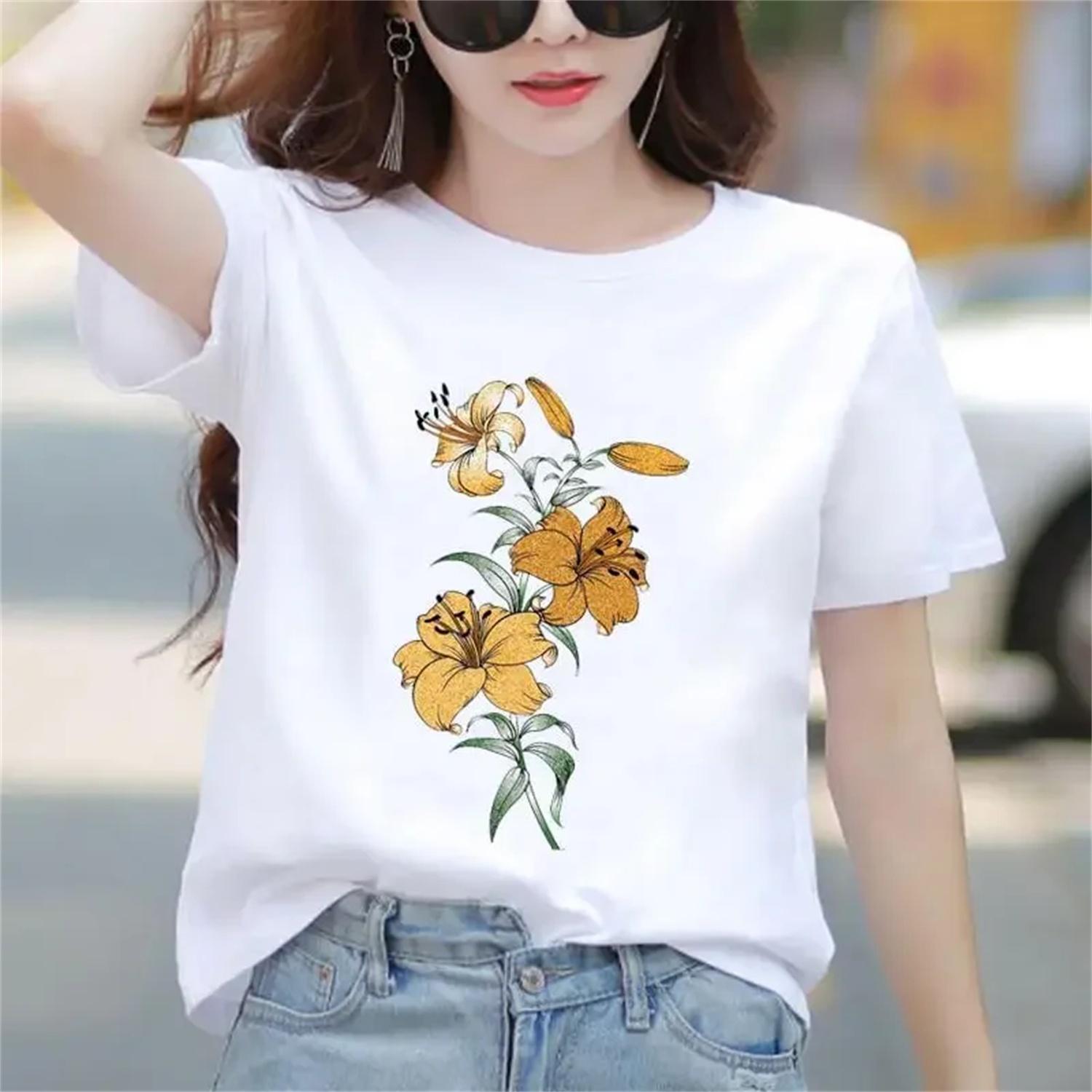 

Clothing Female Casual Basic Graphic Short Sleeve Tee T Shirts Women Top T-shirts Flower Sweet Trend Cute Clothes Print XXXXXL білий