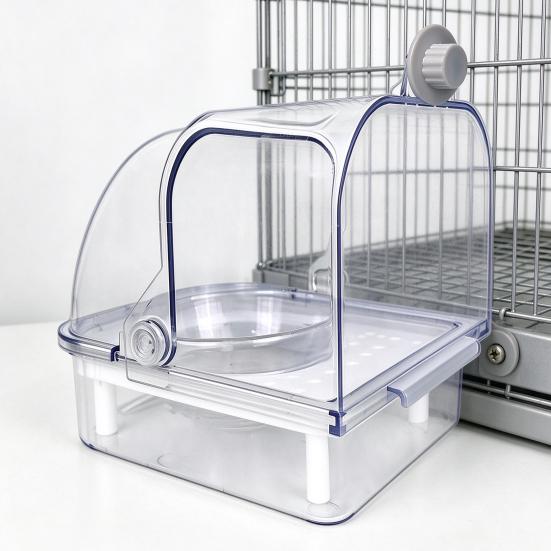 Bird Cage Accessory Feeder with Bowl, Transparent Parrot Bathtub Food Container, Indoor No Mess Shower Box for Parakeet Cockatiels