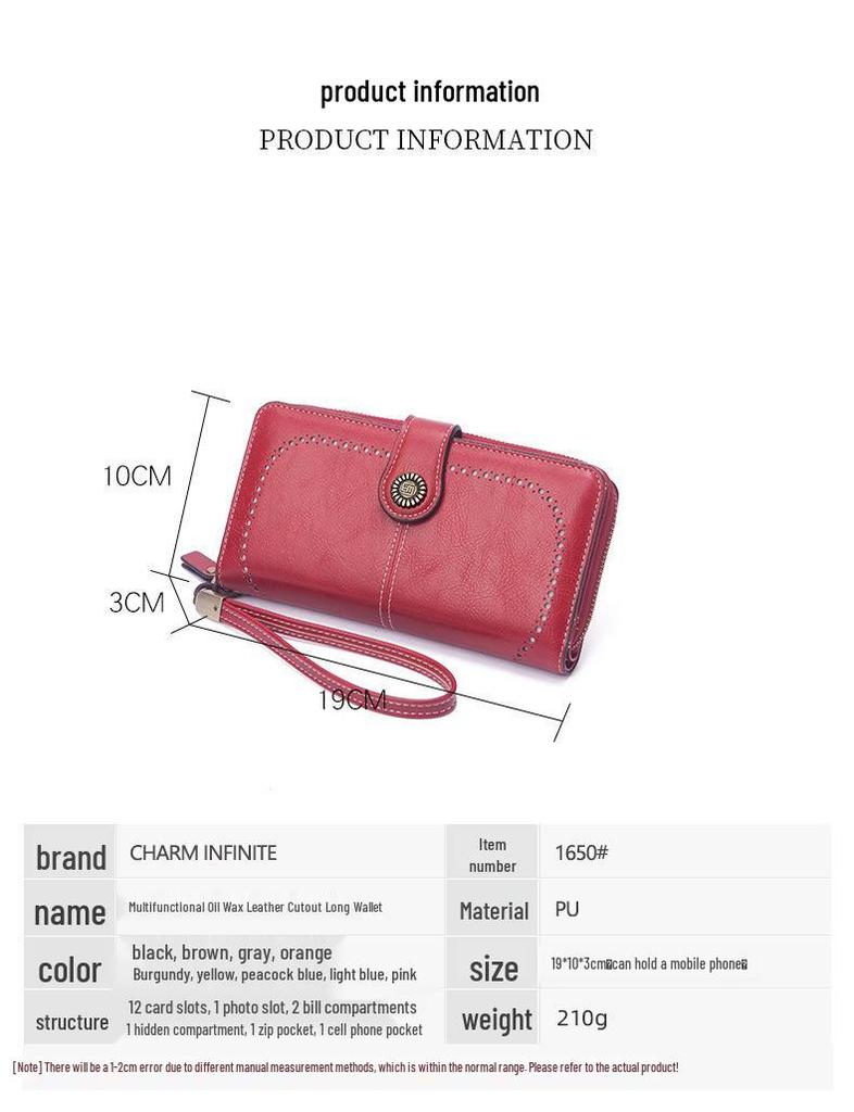 Women's Retro Oil Wax Leather Long Wallet - Hollowed-out Design, Multi-functional, Large Capacity Phone Bag