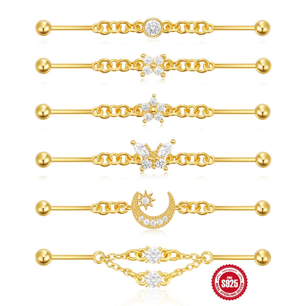S925 Zircon Industrial Piercing Chain Barbell Thread Ear Nail